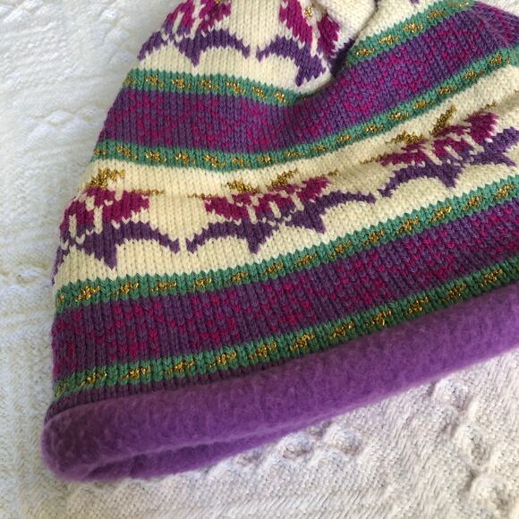 VTG 90s Y2K Turtle Fur Knit Pom Beanie Purple Fair-Isle Wool Blend OS USA Ski - Picture 2 of 10